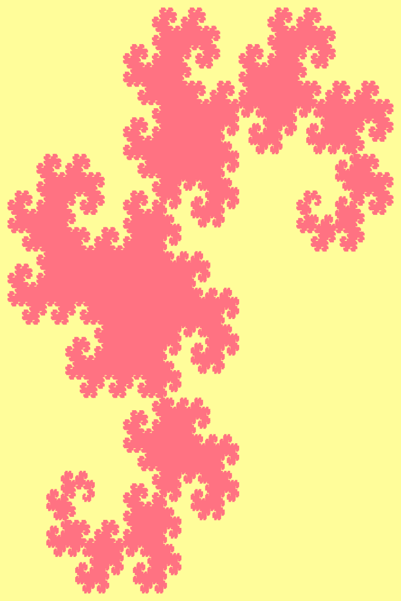 This example creates a bright-pink dragon fractal on a yellow background. It runs the fractal algorithm for 17 steps and paints it on an 800- by 1200-pixel canvas with indentation of 15 pixels around the canvas edges.