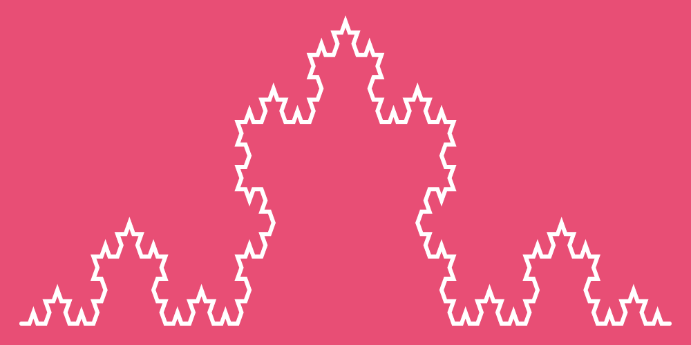 This example displays a single Koch curve of the fifth order. It stretches the canvas twice horizontally (height is 500 pixels, width is 1000 pixels), sets the padding to 25 pixels and line width to 6 pixels so that you can better see the line. It consists of N₅ = 4⁵⁻¹ = 4⁴ = 256 segments, each having length (3)⁵⁻¹ = (3)⁴ = 81 times less than the initial line.