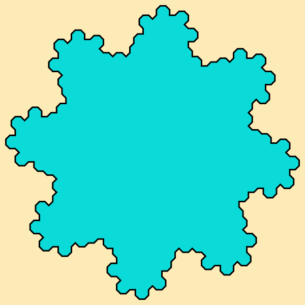It this example, we draw three clockwise recursions of an octadendrite fractal on a 600x600px canvas with 10px padding. This fractal consists of eight dendrite fibers that connect at an angle of 45 degrees. This construction makes it look a bit similar to the Koch snowflake fractal.