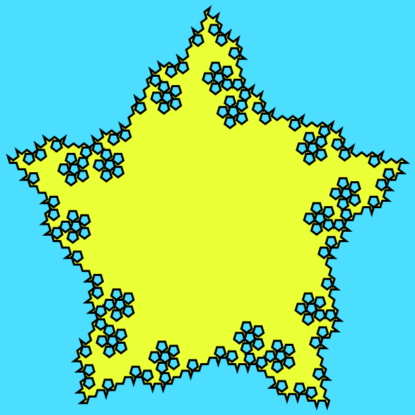 This example applies the "Starfish Mode" to the pentadentrite fractal. In this case, all five dendrites point inside the pentagon and as a result, we get a fractal that is very similar to a starfish! We draw a 4th order curve on a Malibu color canvas, using a black line and golden-fizz color fill.