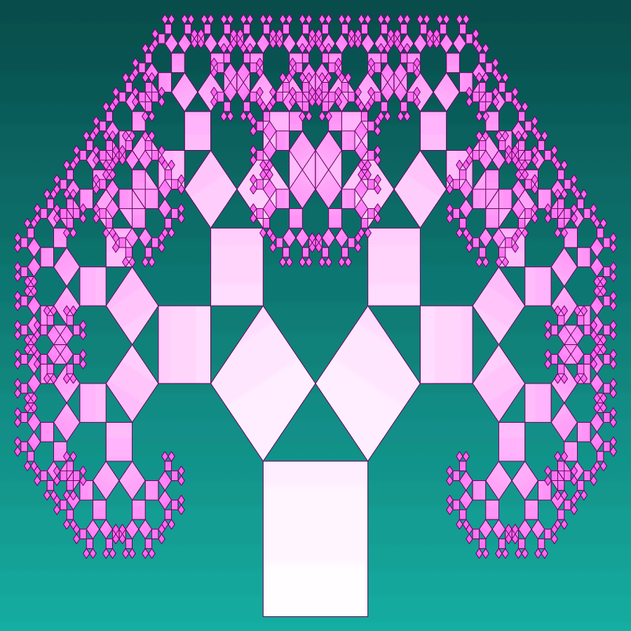 In this example, we set the left bending angle equal to 45 degrees, and the right angle is calculated automatically as follows: 90 - 45 = 45 degrees. With these angles, the interlevel triangles are isosceles, and as a result, the whole tree has mirror symmetry with respect to the vertical axis going through the middle of the trunk. We generate 10 levels of branches, using all five colors in the palette. We set a mountain-meadow-green to deep-sea-green color gradient for the background, a white to pink-flamingo color gradient for the tree, which is applied from the tree root to twigs, and a pompadour color line for the square border.
