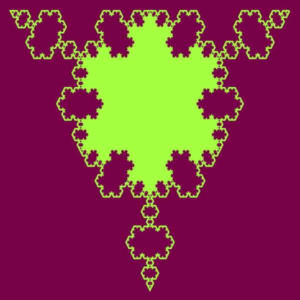 In this example, we direct the vertex of the triflake fractal downward and generate six iterations for it. We use an interesting mix of colors to draw it. We paint the background and triflake islands in the siren color, and the center and contour line in the green-yellow color. We also set the image width and height to 600 pixels, and padding to 20 pixels.